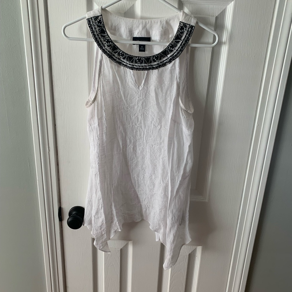 Beautiful white gauze type top with beaded collar